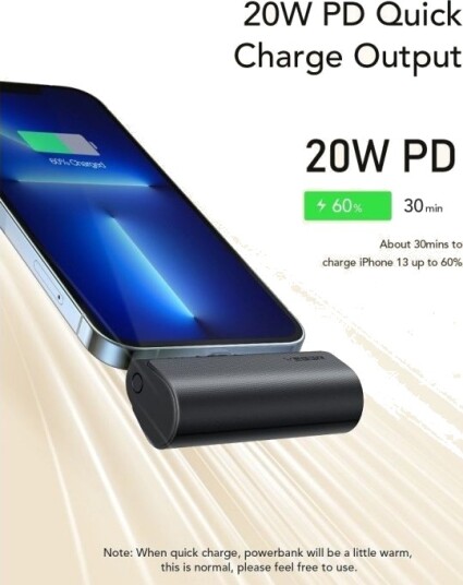 Veger Powerbank 5000 mAh Med Innebygd Lightning Pd Qc3.0-Kontakt 3A 20W Plugon (W0556p) Svart
