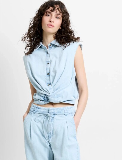 French Connection Chess Twist Cropped Denm Shirt   Blue   XS