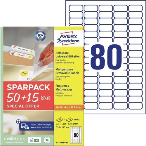 Avery L4732rev 65 Hvit Selvklebende Skriveretikett A4 Papir Laser/Blekkskriver Avtagbar