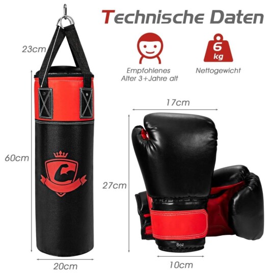 Bokseposesett med 8oz boksehansker Håndstropper Bag Boksepose for barn og voksne Svart + Rød