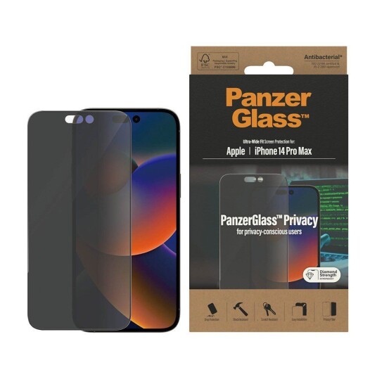PanzerGlass Privacy Skjermbeskytter for iPhone 14 Pro Max - Ultra-Wide Fit, AntiBacterial, Diamond Strength, Svart