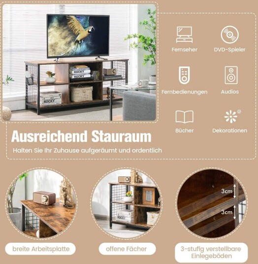 TV skap lowboard med åpne rom TV hylle for fjernsyn opptil 65 tommer 140 x 40 x 62,5 cm Rustikkbrun