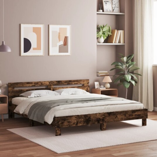 vidaXL Sengeramme med hodegavl røkt eik 160x200 cm konstruert tre 8721012246270