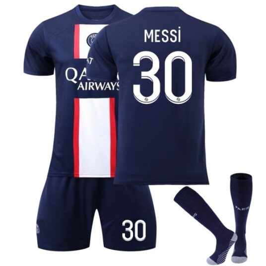 Paris 22/23 Fotballsett Barn Hjemmetrening T skjorteshorts Dress Voksen Barn Fotballdrakter MESSI 30 Goodies Sesongoppdatering MESSI 30 S