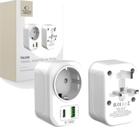 Tech-Protect Reiseadapter / Overgang Tech-Protect Ta100 Travel Adapter Uk/Eu – Hvit