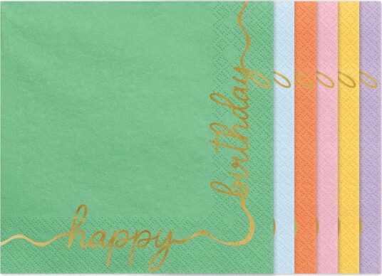 12 stk Flerfarget Servietter med Happy Birthday Gullskrift 33x33 cm