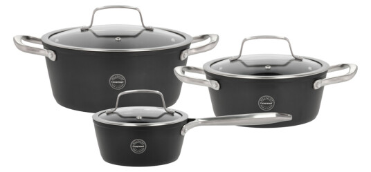 Pillivuyt Travo grytesett med glasslokk 3 deler sort aluminium Pillivuyt Travo grytesett med glasslokk 3 deler sort aluminium