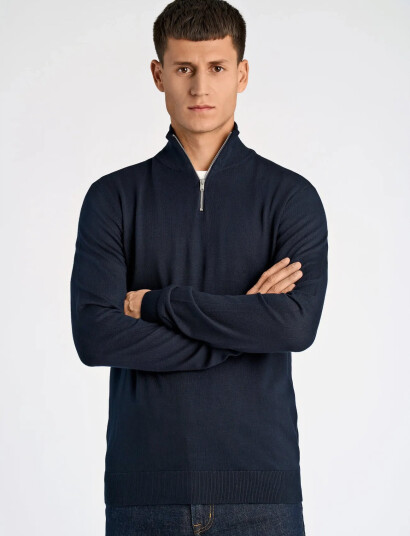 Lindbergh Ecovero Half Zip L/S Knit - Navy - M