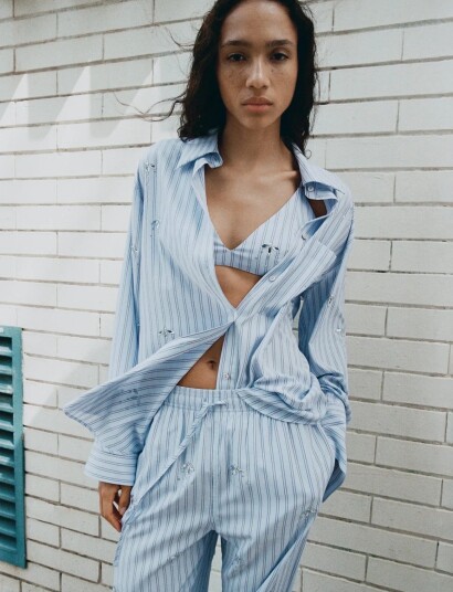 Mango Striped Trousers With Bead Detailing   Blue   S