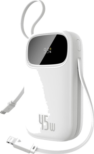 Baseus EnerFill FC31 Qpow 3 10 000 mAh 45 W powerbank m/display, USB-C & Lightning-kabler Hvit Baseus EnerFill FC31 Qpow 3 10 000 mAh 45 W powerbank m/display, USB-C & Lightning-kabler Hvit