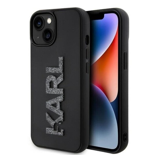 Karl Lagerfeld 3D Gummideksel til iPhone 15 med Glitterlogo - Svart