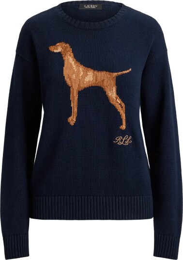 Lauren Ralph Lauren Intarsia Knit Vizsla Cotton Sweater   LAUREN NAVY MULTI   XS