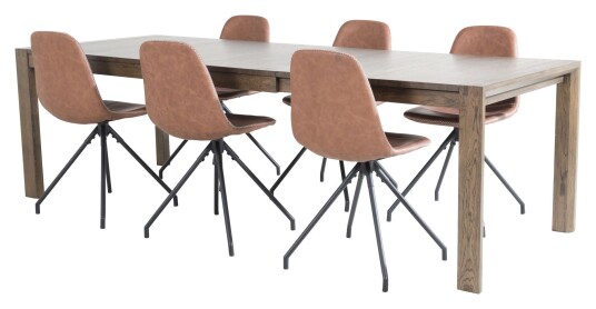 Venture Design Slider Spisebord m. uttrekk, Røkt Eik med 6 Polar-stoler m. spin, Brun PU Unoliving