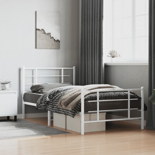 vidaXL Sengeramme i metall med hode- og fotgavl hvit 107x203 cm 8721012304239