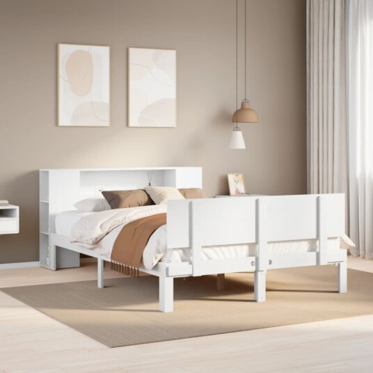  Seng med bokhylle uten madrass hvit 140x200 cm heltre furu 3322633