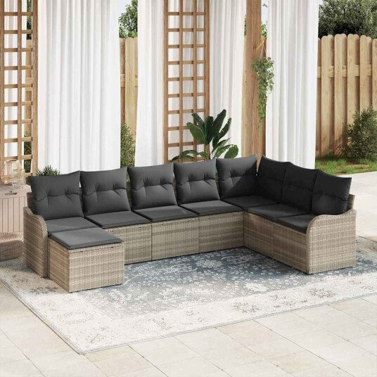 8 Dels Hagesofa Set med Puter Lysegrå Poly Rotting