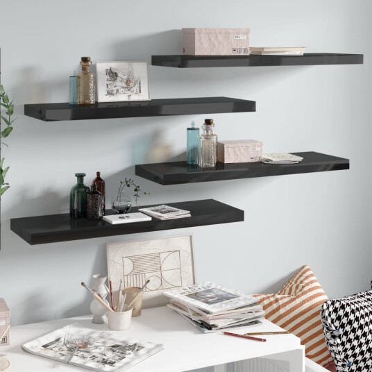 vidaXL Flytende vegghyller 4 stk h?yglans svart 80x23,5x3,8 cm MDF vidaXL Flytende vegghyller 4 stk h?yglans svart 80x23,5x3,8 cm MDF