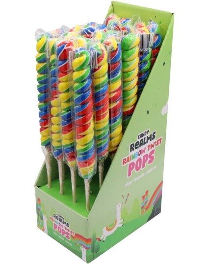 24 stk Rainbow Twist Lollipop   Regnbuefarget Spiralformet Kjærlighet   Candy Realms   Hel Eske 1,92 kg