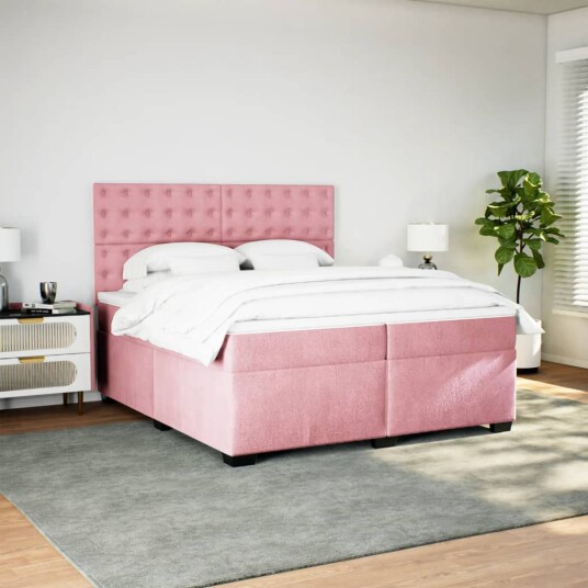 Seng med madrass boksfjær rosa 200x200 cm fløyel