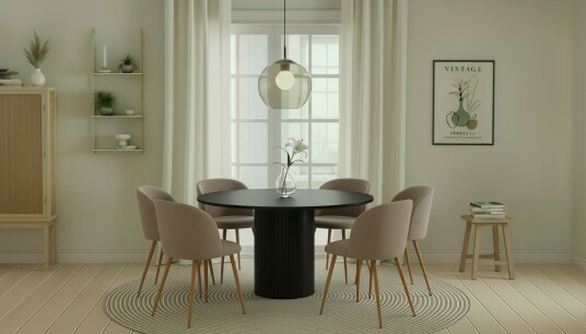 Bark Kopparbo Rundt Spisebord 130 cm med 6 Greya Spisestoler med armlener Svart tre / Greige Bouclé / Metallben Eik