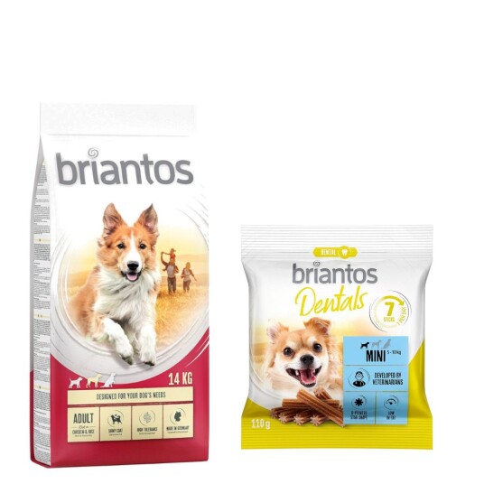 Briantos Tørrfôr 14 kg + Dental Snack Mini Gratis! Adult Kylling & Ris + Dental Snack Mini Briantos Tørrfôr 14 kg + Dental Snack Mini Gratis! Adult Kylling & Ris + Dental Snack Mini