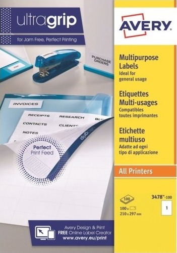 Avery 3478 100 Laser /Inkjet Utskrift A4 210X297 Mm 100 Ark Hvit 297 X 210Mm