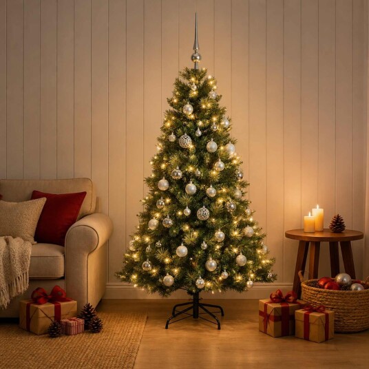 vidaXL Kunstig juletre med julekuler 150 cm 150 LED-lys Varmhvit