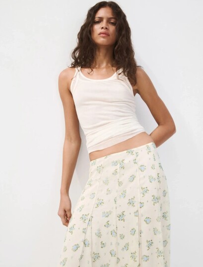 Mango Floral Godet Skirt White L