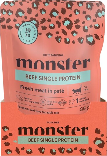 Monster Pet Food Våtfôr Adult Cat Pouches Våtfôr Til Katt 16 × Beef 85 G