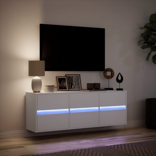 Vegghengt TV-benk med LED hvit 130x31x45 cm 852299