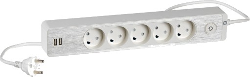 LK design stikkkontakt 5 uttak u/jord m/ledning + 2 USB, hvit white/aluminum 39 x 8.5 x 5.5 cm
