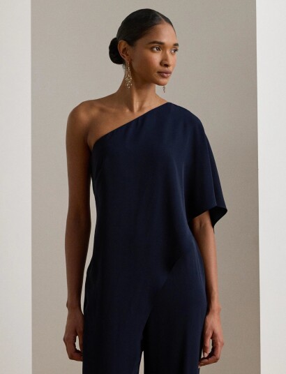 Lauren Ralph Lauren Cape Georgette One Shoulder Jumpsuit Navy 42