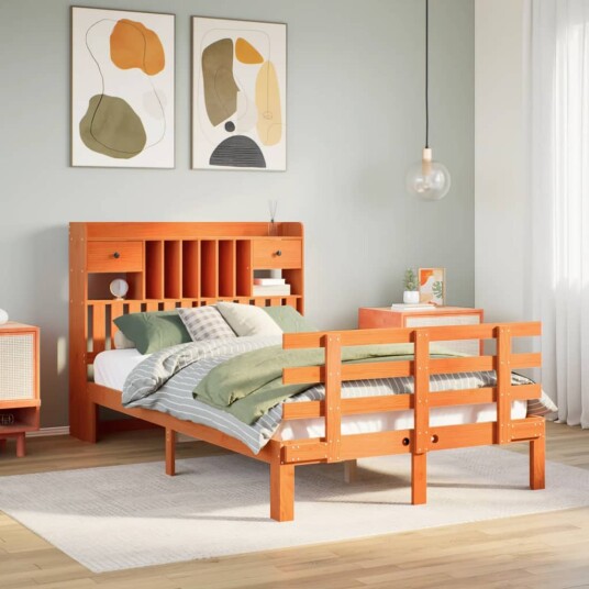 Seng med bokhylle uten madrass voksbrun 120x190 cm heltre furu 8721158615954