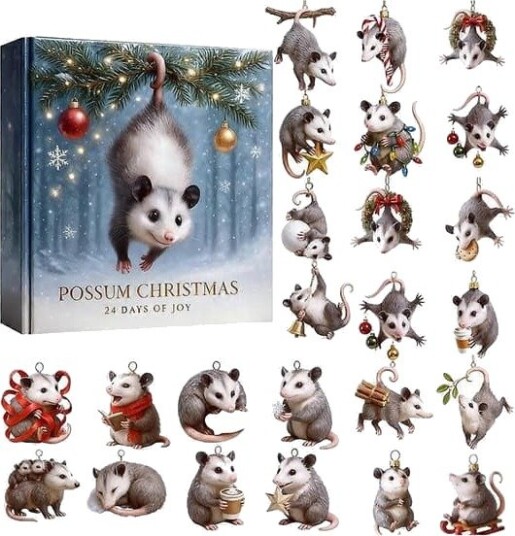 2025 Julekalender med fargerike bjeller og opossum design 24 dagers nedtelling juletrepynt og festlig dekor DB