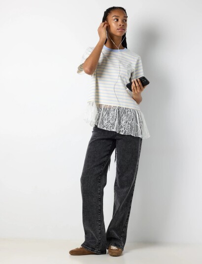 NOISY MAY Nmember Ss Stripe Lace Top Cream L