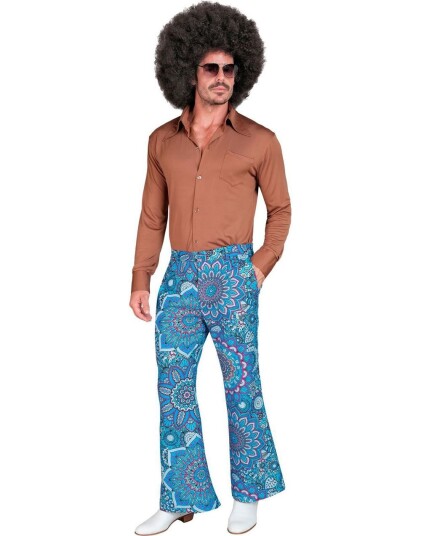 Blomstrete Blå Hippie Kostymebukse til Herre L/XL Blomstrete Blå Hippie Kostymebukse til Herre L/XL