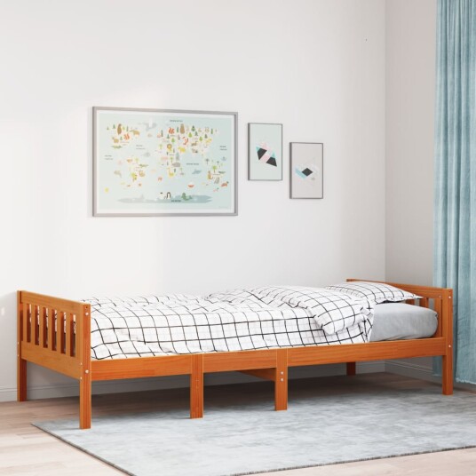 Barneseng med madrass voksbrun 90x200 cm heltre furu 8721158359162 Barneseng med madrass voksbrun 90x200 cm heltre furu 8721158359162