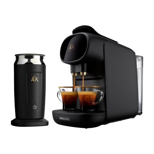 L'OR BARISTA SUBLIME PIANO NOIR KAPSELMASKIN OG MELKESKUMMER L'OR Barista Sublime Piano Noir & Milk Frother L'OR BARISTA SUBLIME PIANO NOIR KAPSELMASKIN OG MELKESKUMMER L'OR Barista Sublime Piano Noir & Milk Frother