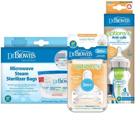 Dr. Browns Flaskesett: Babyflaske i glass 270ml + 2 stk Flaskesmokker + 5stk Steriliseringsposer Dr. Browns Flaskesett: Babyflaske i glass 270ml + 2 stk Flaskesmokker + 5stk Steriliseringsposer