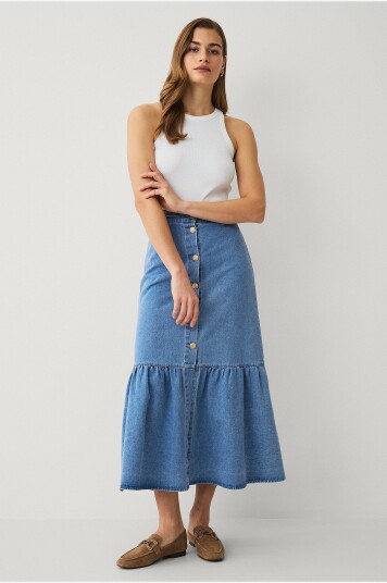 Ellos Collection   Denim skjørt med volang   Blå