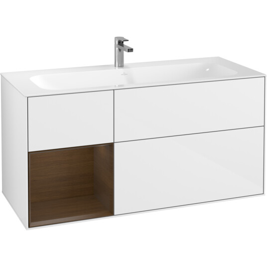 VILLEROY & BOCH FINION SERVANTSKAP 120 HVIT HØYGLANS LAKK M/LYS, VENSTRESTILT VALNØTTHYLLE