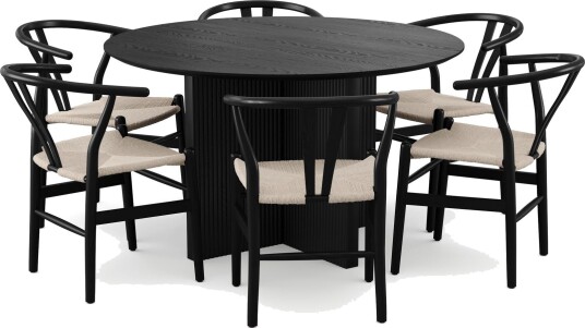 Edda spisegruppe rund 130 cm svart med 6 Dastoori spisestoler Svart