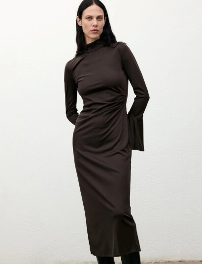 Mango Fitted Dress With Bell Sleeves   Brown   S