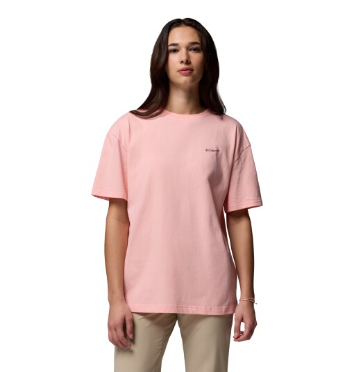 Columbia Sportswear Columbia Women"s Rolling Bend Graphic Oversized T Shirt Pink Sand Bubbly Scoped View L