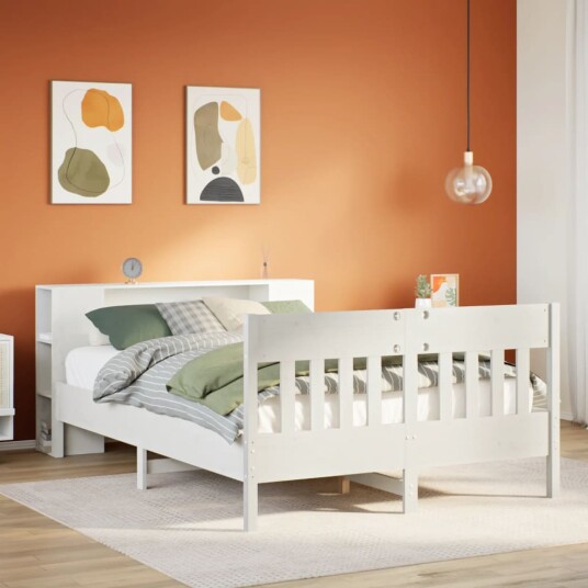 Seng med bokhylle uten madrass hvit 150x200 cm heltre furu 8721158619679 Seng med bokhylle uten madrass hvit 150x200 cm heltre furu 8721158619679