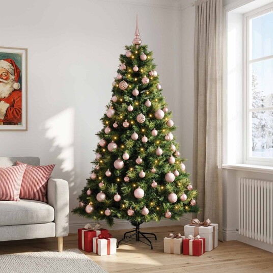 vidaXL Kunstig juletre med julekuler 240 cm 300 LED-lys Varmhvit