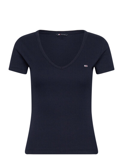 Tommy Jeans Tjw Slim Essential Rib V Ss - Navy - XS