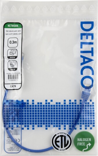 DELTACO Nettverkskabel Cat6 U/UTP AWG28 LSZH 0,3 m Blå
