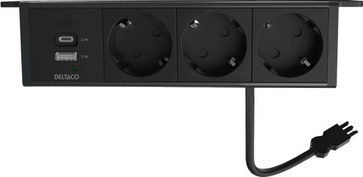 Deltaco underbordskontakt, 3 stikkontakter, A+C USB-lader, svart black 55x226.4x52.6 mm