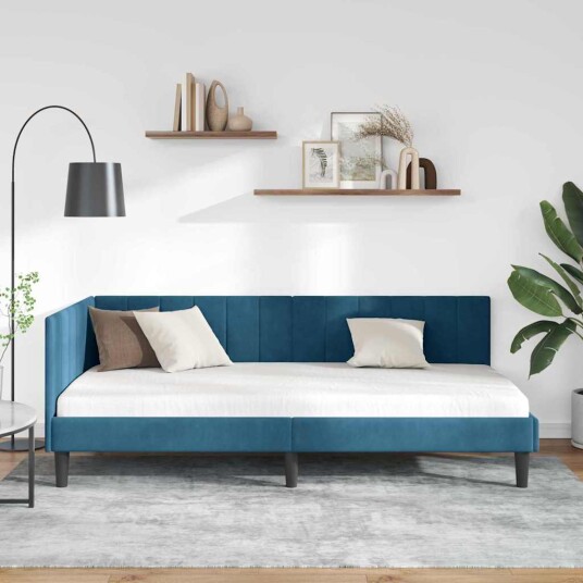 Hjørnesengramme med hodegjerde Blå 90 x 190 cm Fløyel Hjørnesengramme med hodegjerde Blå 90 x 190 cm Fløyel
